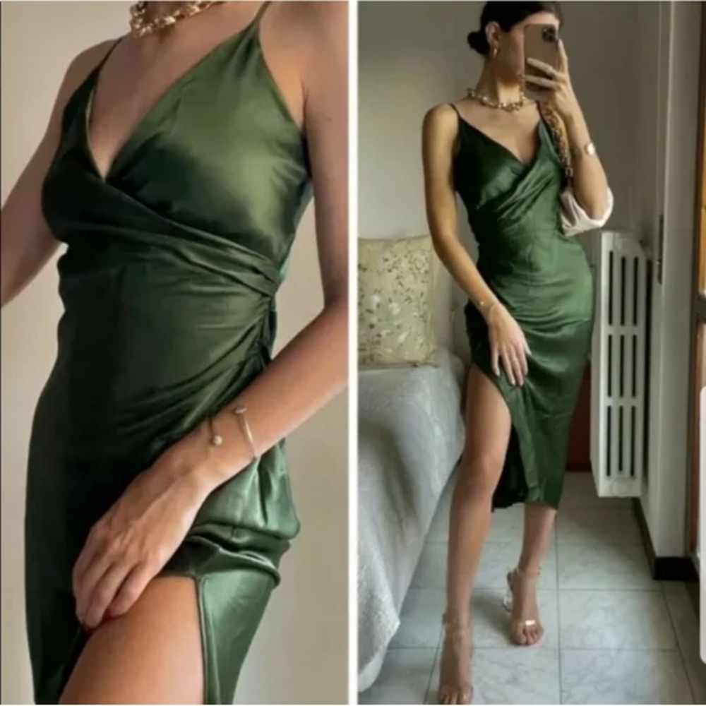 Satin Wrap Slip Dress in Forest Green